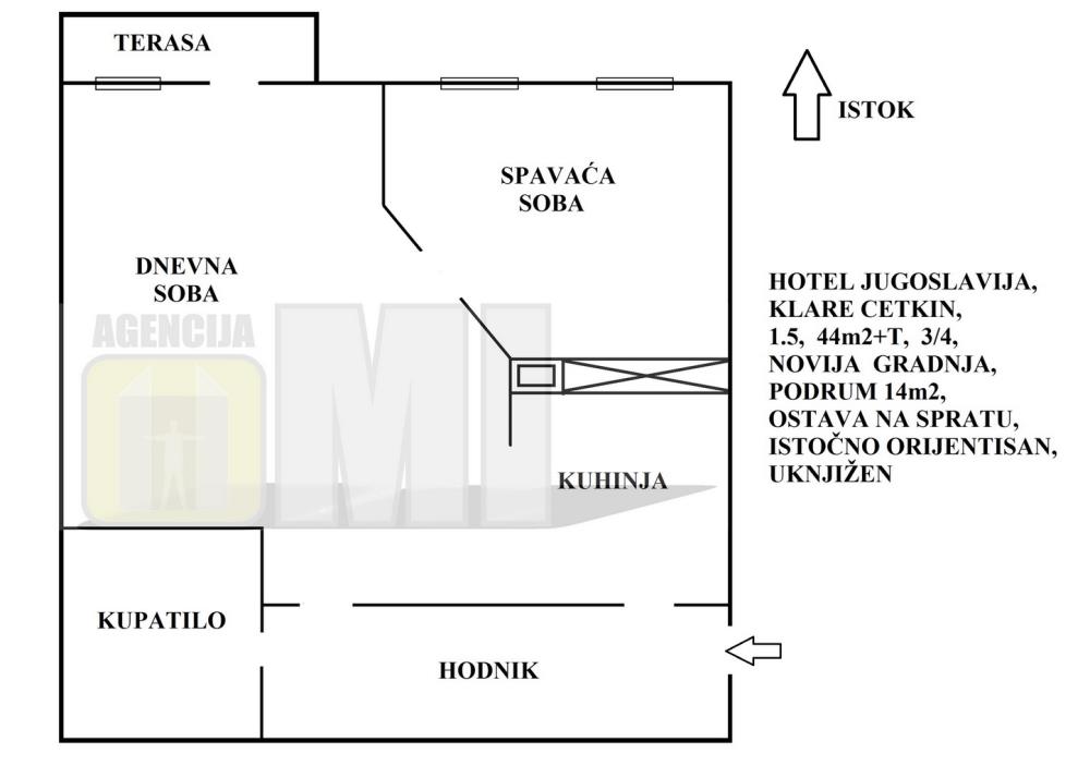 Hotel Jugoslavija, Klare Cetkin, 1.5, 44m2, Terasa, 3/4